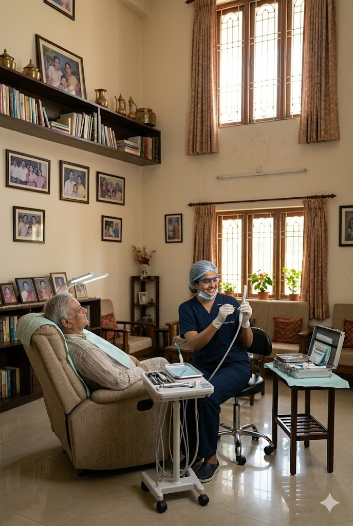 Dentist providing care to a senior citizen at home